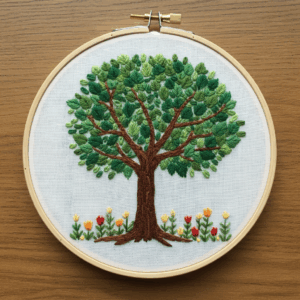 embroidery-tree-flowers-leaves-wooden-surface