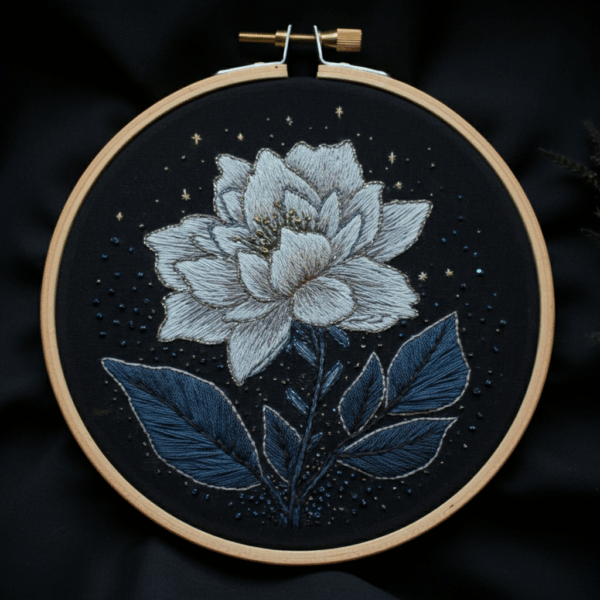 embroidery-white-flower-blue-leaves-black-background