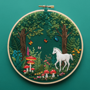 embroidery-white-horse-forest-mushrooms-butterflies