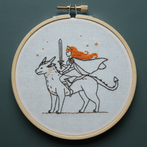 embroidery-woman-riding-horse-sword-dog