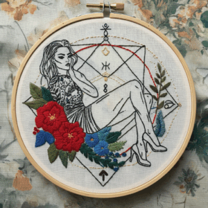 embroidery-woman-sitting-flowered-table-clock