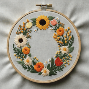embroidery-wreath-flowers-leaves-white-cloth