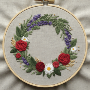 embroidery-wreath-flowers-leaves-linen-surface