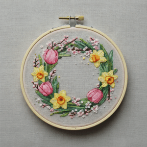 embroidery-wreath-flowers-leaves-white-surface