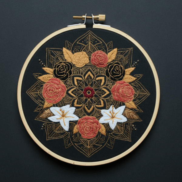 embroidery-black-background-gold-red-flower-design