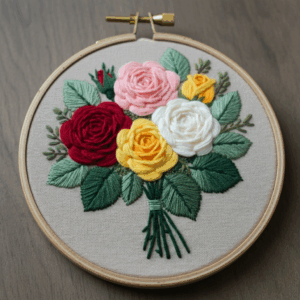 embroidery-bunch-flowers-wooden-surface-3