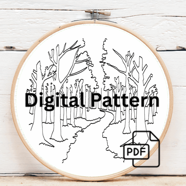 close-up-cross-stitched-picture-path-woods