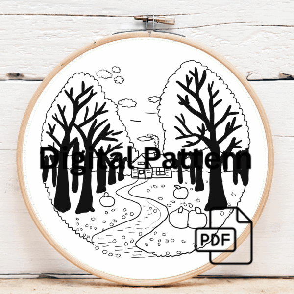 close-up-cross-stitched-picture-path-through-forest
