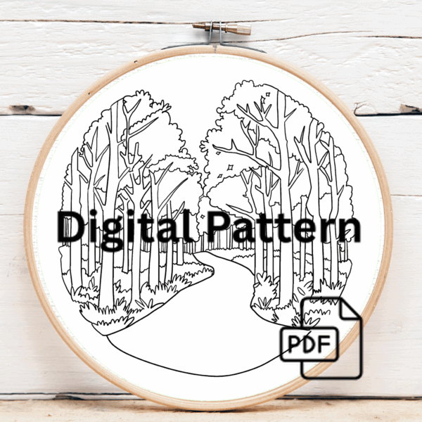 close-up-cross-stitched-picture-road-woods