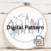 close-up-embroidery-city-birds-flying-sky