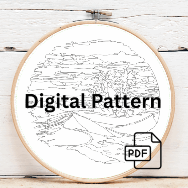 close-up-embroidery-desert-scene-palm-trees