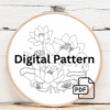 close-up-embroidery-pink-flowers-blue-background