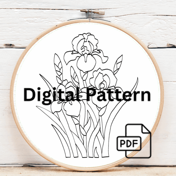 close-up-embroidery-purple-irises-wooden-surface