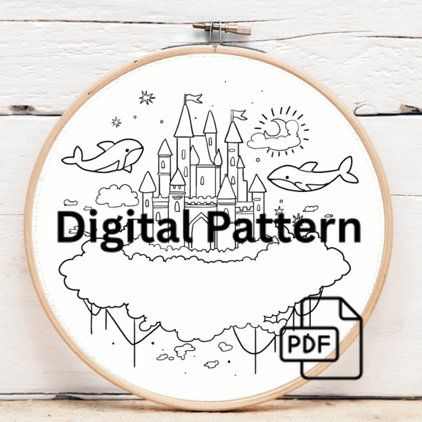 close-up-embroideryed-picture-castle-cloud