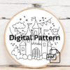 close-up-embroideryed-picture-castle-sky-background-2