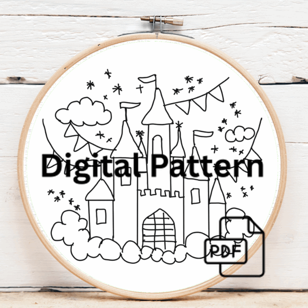 close-up-embroideryed-picture-castle-sky-background-2