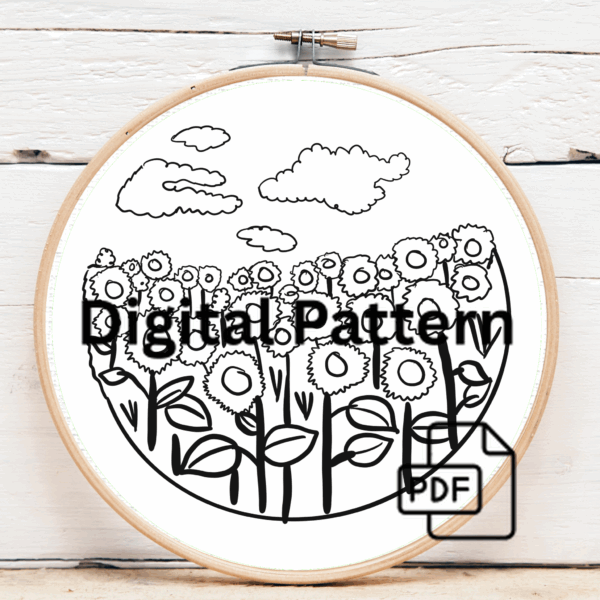 close-up-embroideryed-picture-field-sunflowers