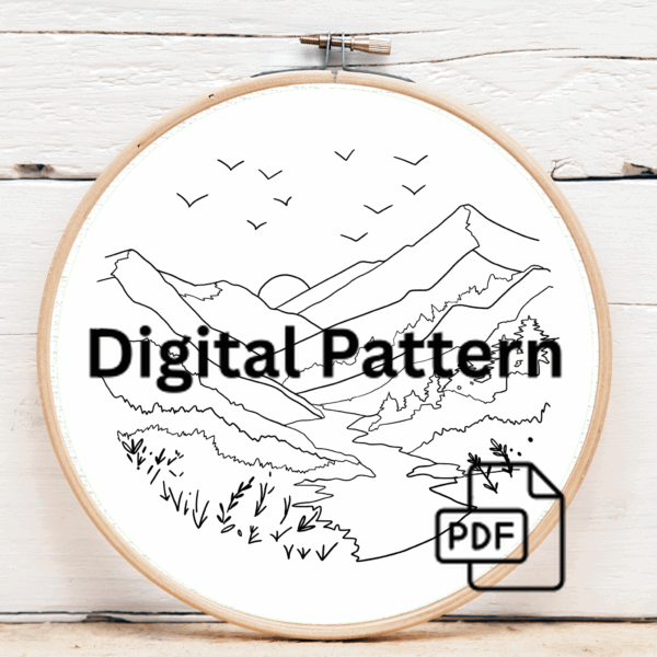 close-up-embroideryed-picture-mountain-scene