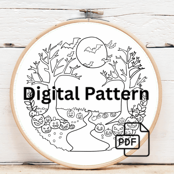 close-up-embroideryed-picture-path-pumpkins