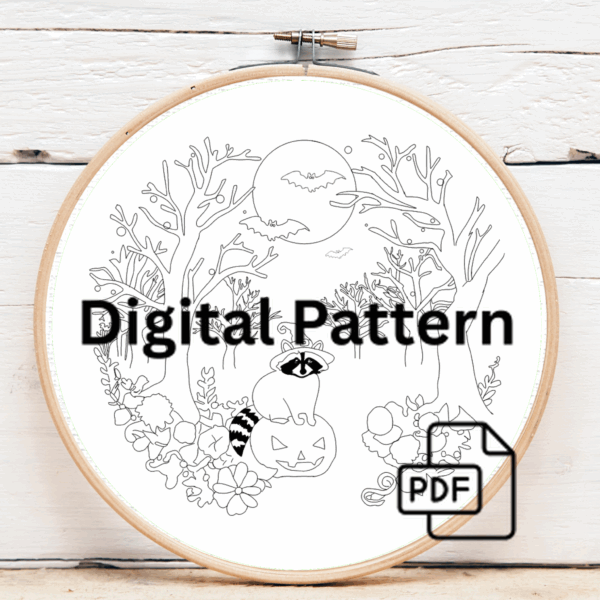 close-up-embroideryed-picture-raccoon-pumpkin