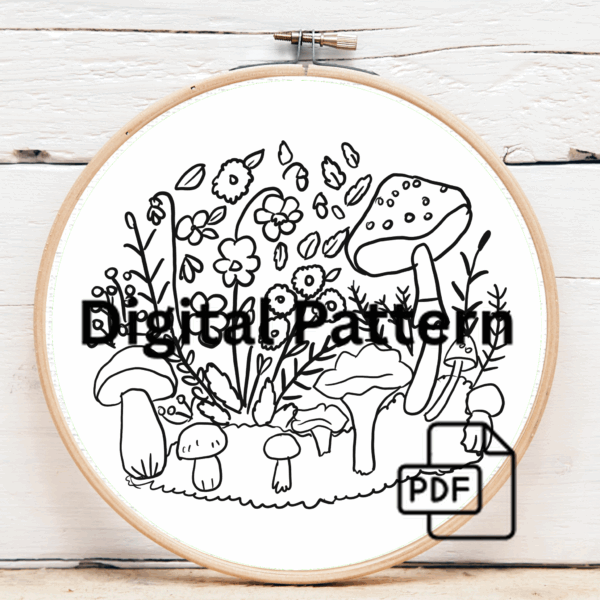 close-up-embroideryed-picture-mushrooms-flowers