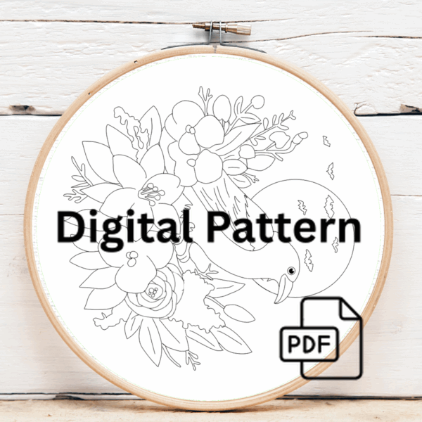 arafed-embroidery-black-bird-sitting-branch-flowers