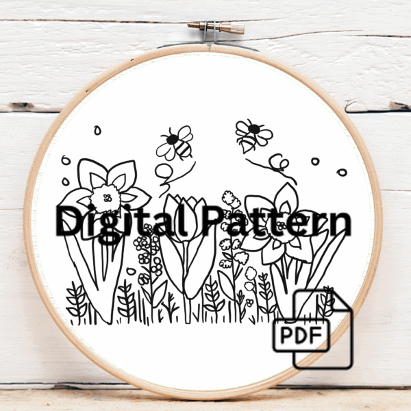 embroidery-bee-flowers-bee-flying-over-them