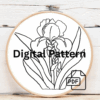 embroidery-blue-iris-flower-green-leaves-white-background