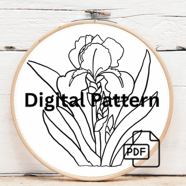 embroidery-blue-iris-flower-green-leaves-white-background