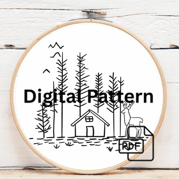 embroidery-cabin-deer-forest-trees
