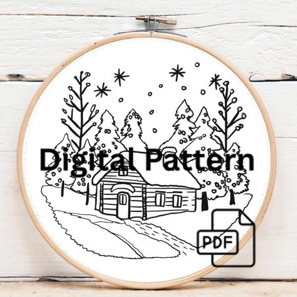 embroidery-cabin-woods-snow-ground