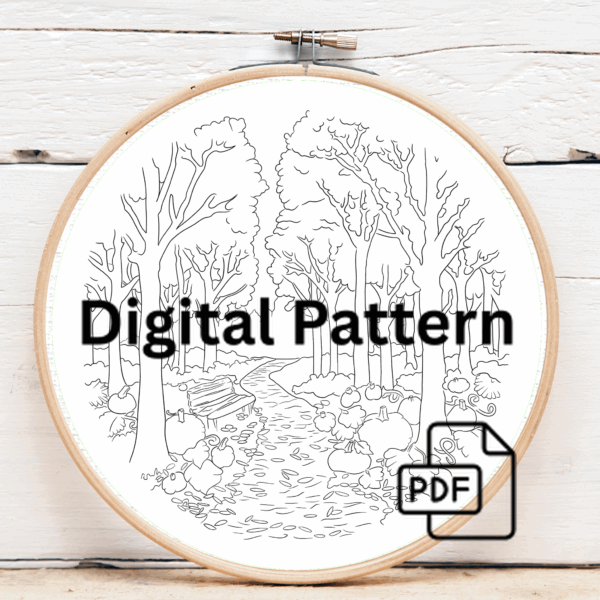 close-up-cross-stitch-picture-path-through-forest
