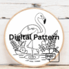 embroidery-pink-flamingo-standing-water-leaves-flowers