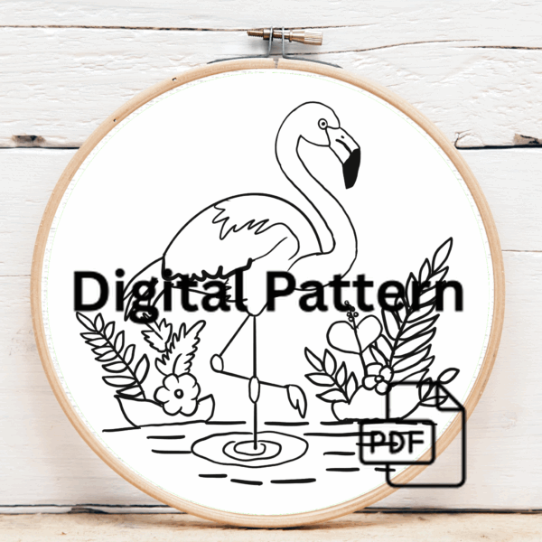embroidery-pink-flamingo-standing-water-leaves-flowers