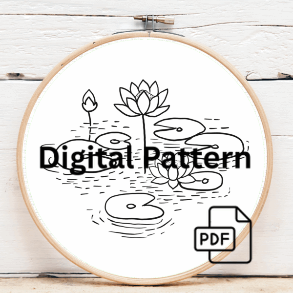 embroidery-pink-flower-lily-pads-water