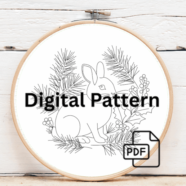 embroidery-rabbit-sitting-branch-holly-leaves