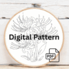 embroidery-red-flower-green-leaves-wooden-surface