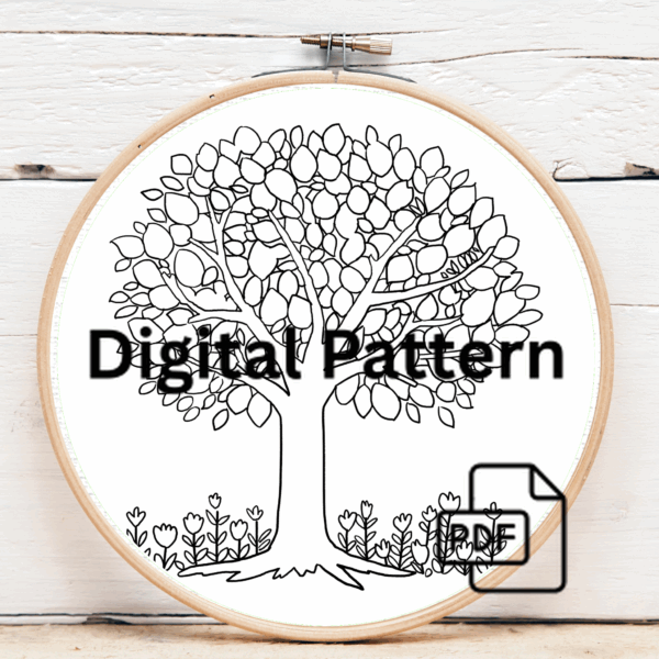 embroidery-tree-flowers-leaves-wooden-surface