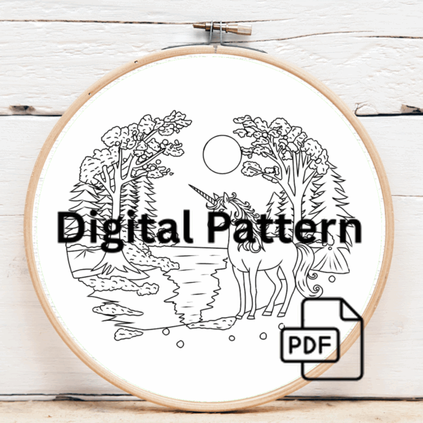 embroidery-unicorn-standing-forest-by-river