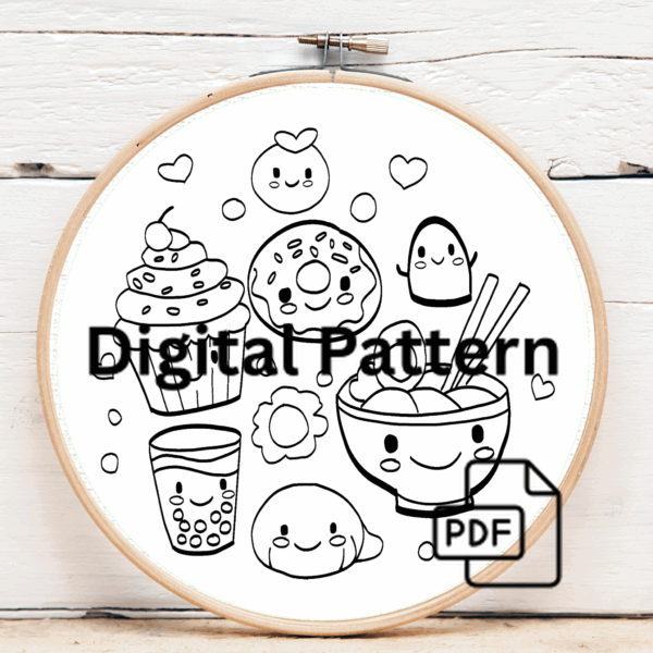 embroidery-variety-food-items-white-surface