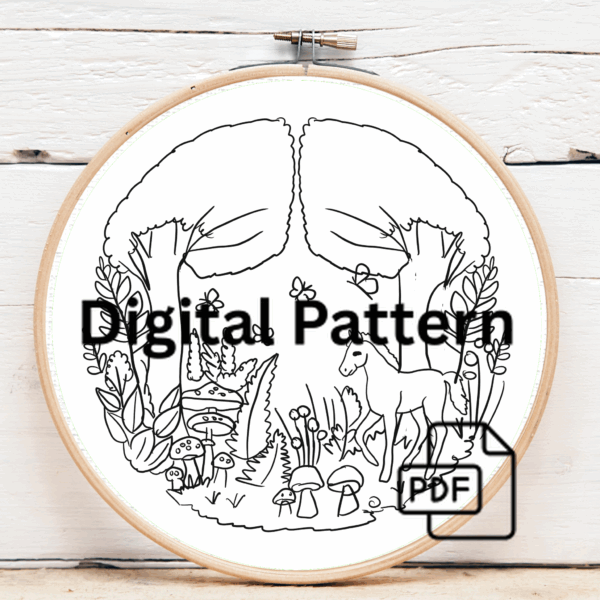 embroidery-white-horse-forest-mushrooms-butterflies