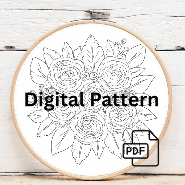 embroidery-bunch-flowers-wooden-surface